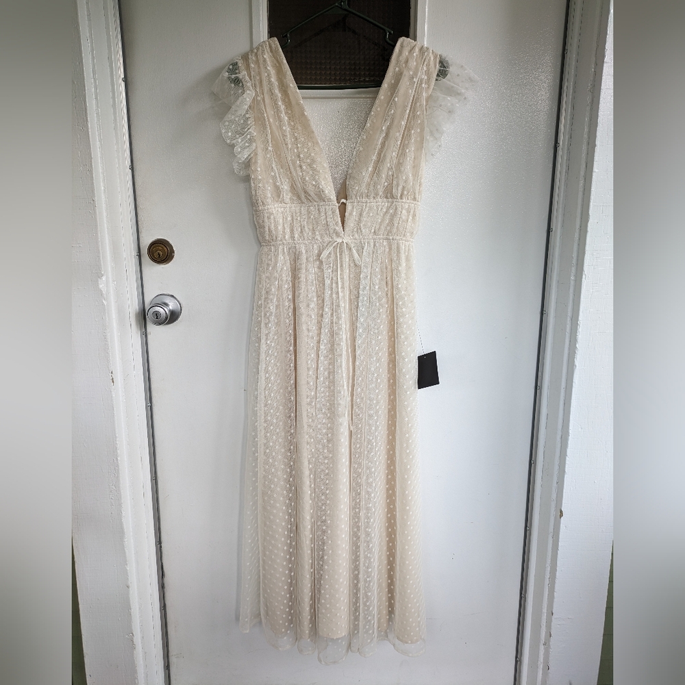 Lulus - Yours Evermore Cream Swiss Dot Ruffled Midi Dress - Small